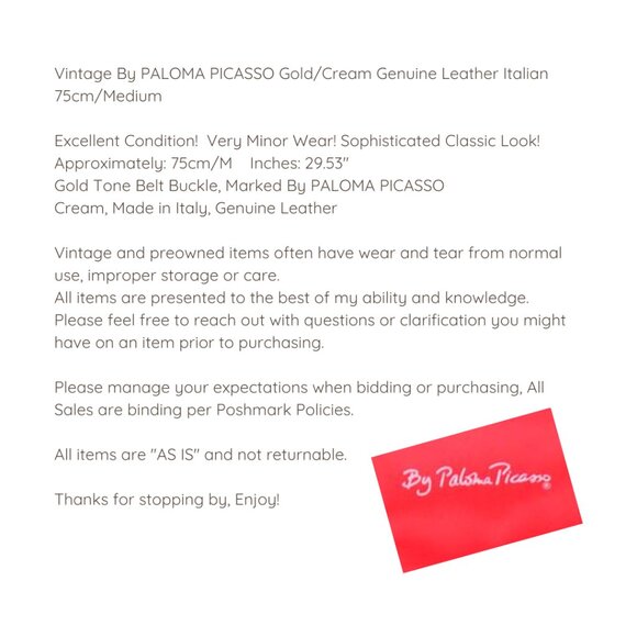 Vintage By PALOMA PICASSO Gold/Cream Genuine Leather Italian 75cm/Medium - Picture 7 of 7